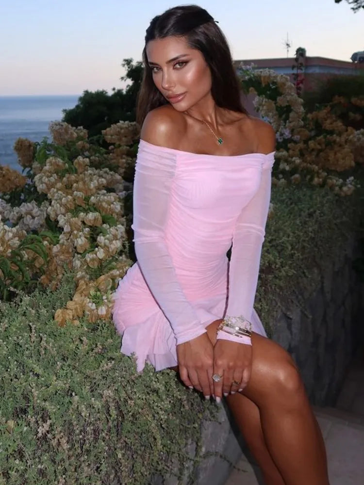 Elegant One Shoulder Double Layer High Elasticity Tight Dress For Women Bodycon Fall 2024 Female Party Evening Dress