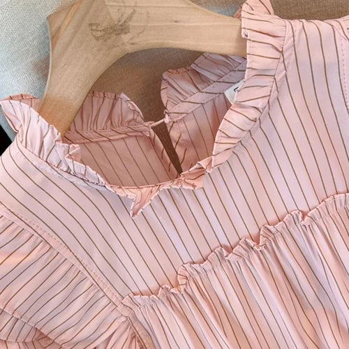 Load image into Gallery viewer, French Vintage Vertical Striped Loose Women Blouse Elegant Ladies Sweet Pink White Female Chicly Ruffles Collar Top
