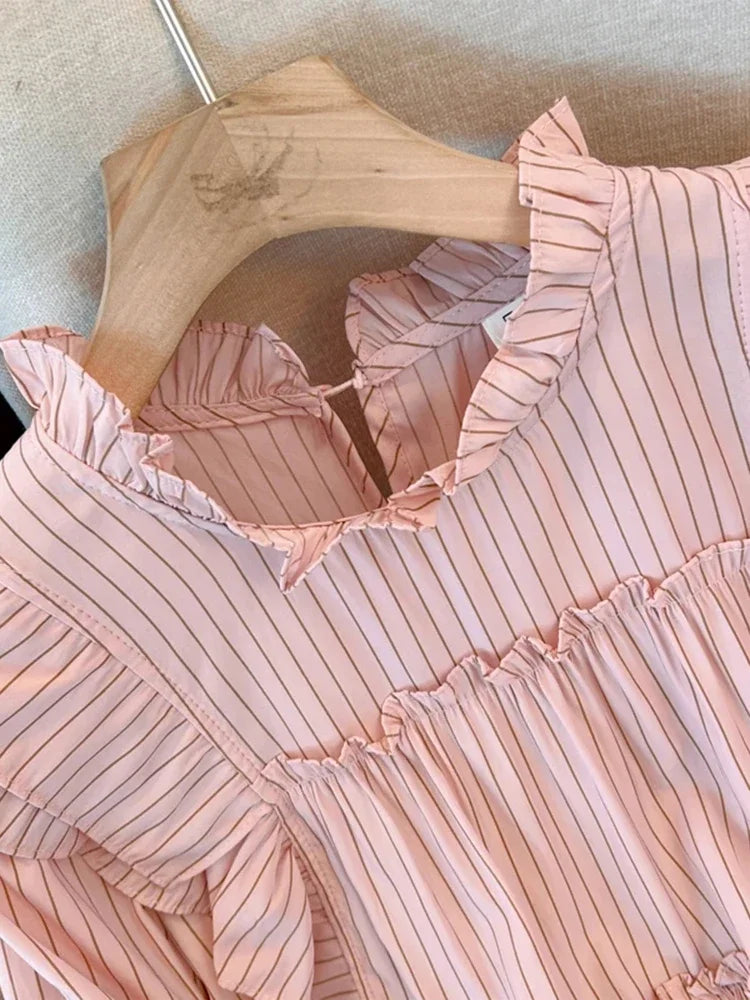 French Vintage Vertical Striped Loose Women Blouse Elegant Ladies Sweet Pink White Female Chicly Ruffles Collar Top