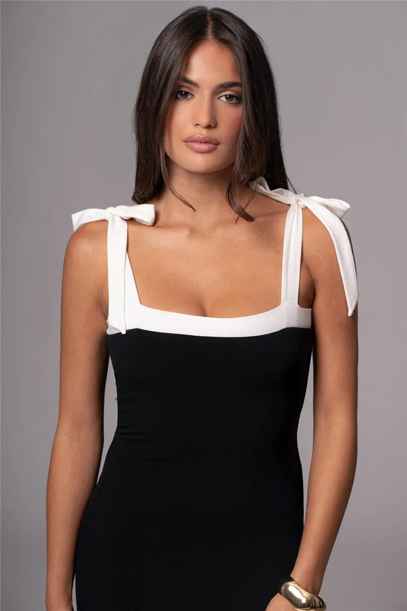 Lace-up Backless Sexy Maxi Dress Women Square Collar Patchwork Sleeveless Bodycon Club Party Sexy Long Dress Elegant