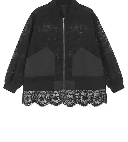 Black Lace Perspective Big Size Jacket New Stand Collar Long Sleeve Women Coat Fashion Tide Spring Autumn 2025 1DH7245