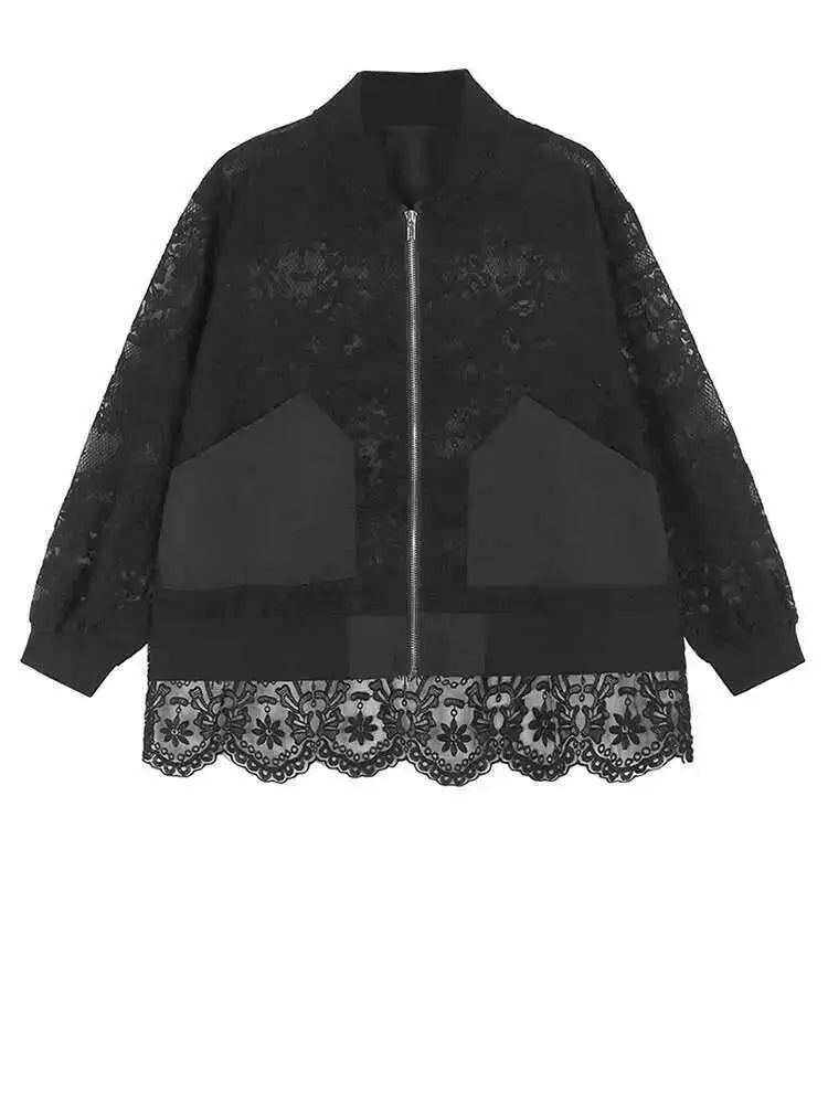 Black Lace Perspective Big Size Jacket New Stand Collar Long Sleeve Women Coat Fashion Tide Spring Autumn 2025 1DH7245