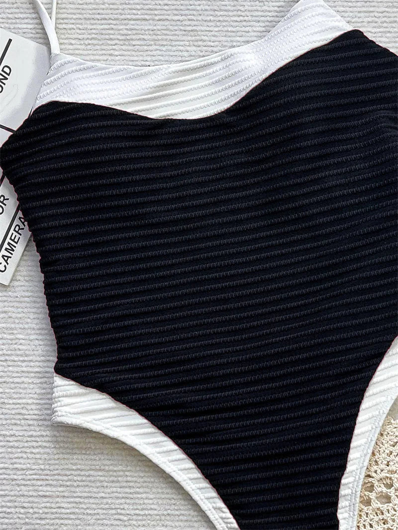 Sexy Black White Patchwork Women One Piece Swimwear 2025 High Waist Backless Monokini Hollow Out Bathing Suit