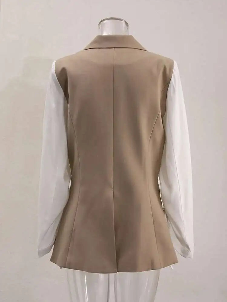 Women Khaki Drawstring Color-block Elegant Blazer New Lapel Long Sleeve Jacket Fashion Tide Spring Autumn 2025 CPDB162