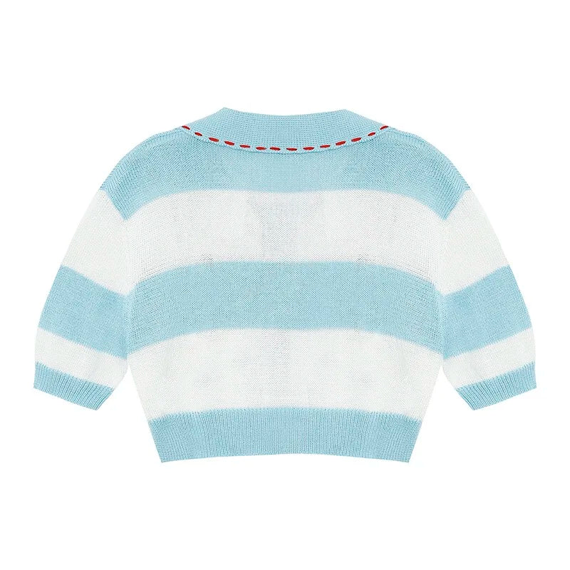 Women Turn Down Knitted Sweaters Cardigans Striped Cute Lady Knitting Thin Summer Slim Vintage Cardigan Outwear for Female B-005