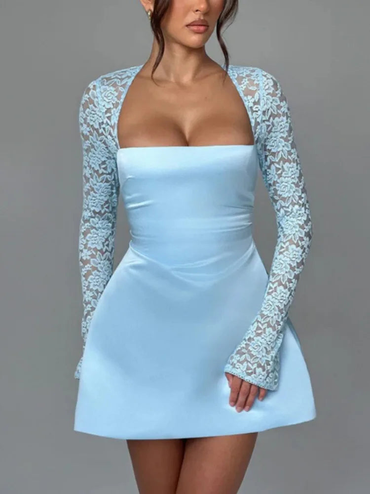 Lace Long Sleeve Sexy Mini Dress For Women Robe Square Collar Backless A-line High Waist Club Party Sexy Dress Fashion