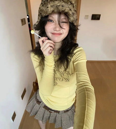 Y2k Aesthetics Yellow T-shirt 2000s Japanese Harajuku Tee Shirt Grunge Letter Print Long Sleeve Tshirt E-girl Streetwear