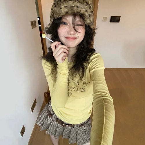 Y2k Aesthetics Yellow T-shirt 2000s Japanese Harajuku Tee Shirt Grunge Letter Print Long Sleeve Tshirt E-girl Streetwear