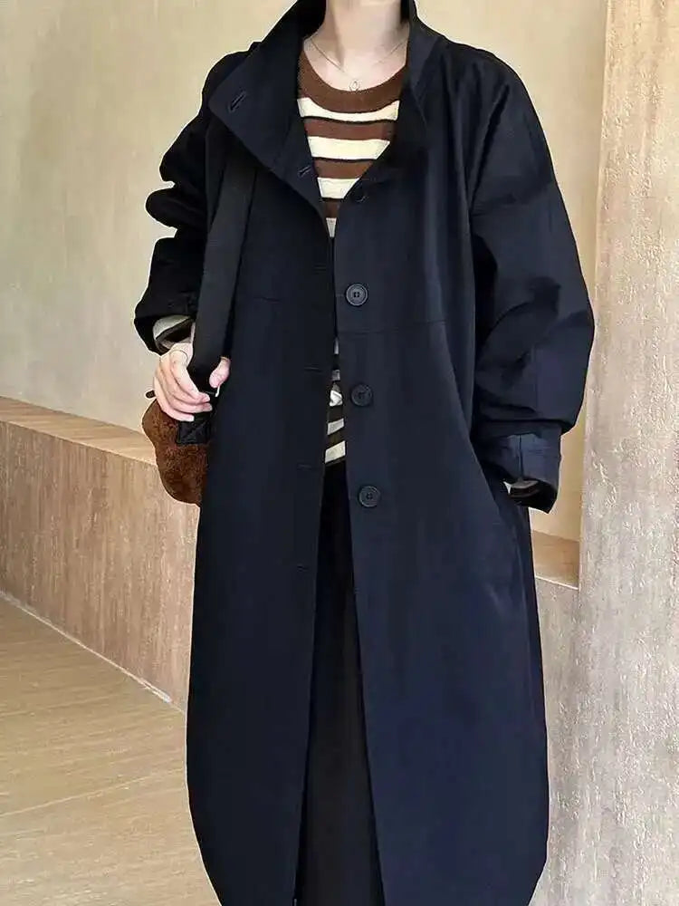 Women Navy Blue Big Size Long Elegant Trench New Stand Collar Long Sleeve Windbreaker Fashion Spring Autumn 2025  1DH6843