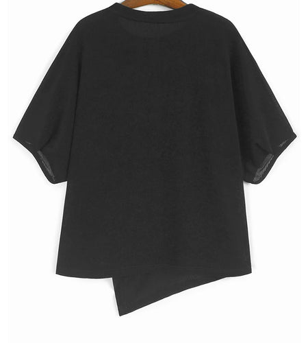 Women Black Irregular Pleated Big Size Casual T-shirt New Round Neck Short Sleeve Fashion Tide Spring Summer 2025 1DJ1318