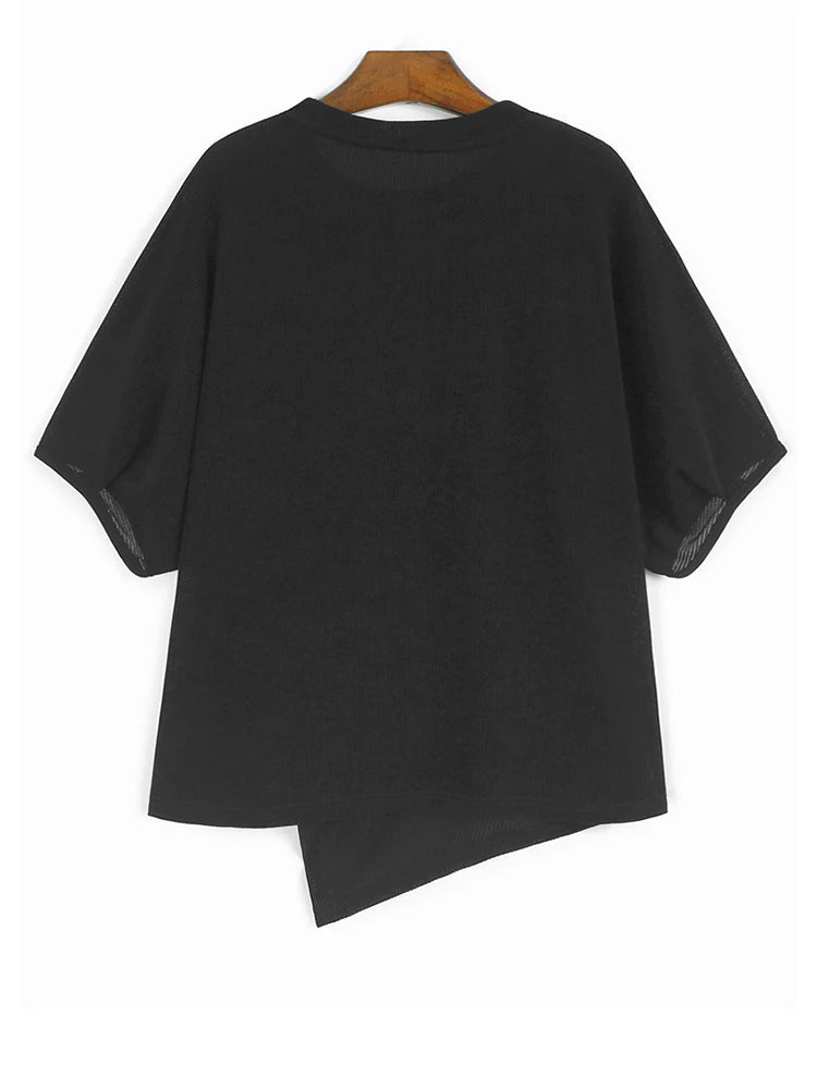 Women Black Irregular Pleated Big Size Casual T-shirt New Round Neck Short Sleeve Fashion Tide Spring Summer 2025 1DJ1318