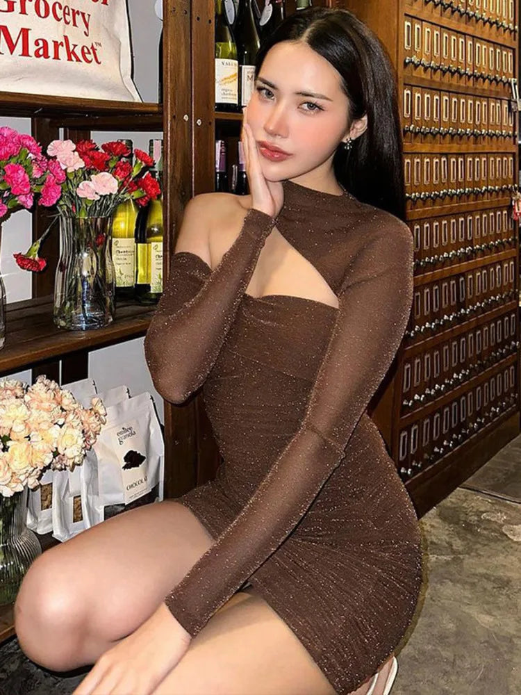 Winter New Fashion Sexy Pleated Slim Wrapped Hip Dress Women Tight Shiny Irregular Evening Party Club Short Skirt