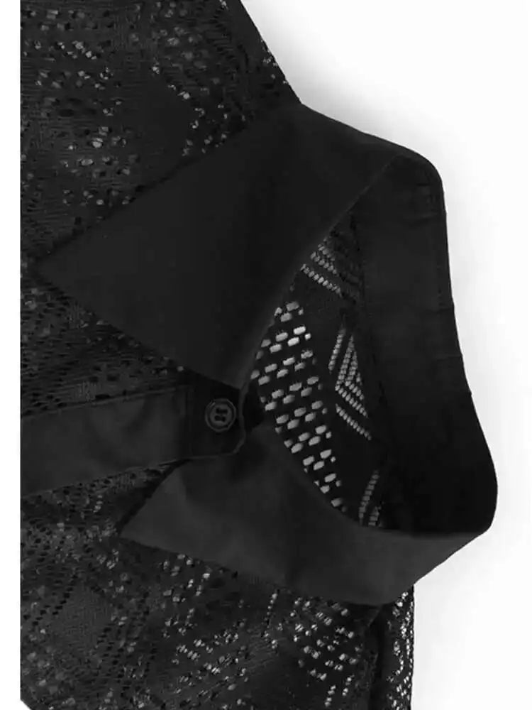 Women Black Lace Hollow Out Tassels Big Size Midi Shirt Dress New Lapel Long Sleeve Fashion Spring Autumn 2025 1DH8942