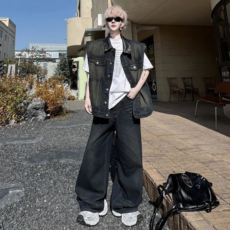 Men's Pants Set New Summer Split Leather Rivet Decoration Single Breasted Multi Pockets Male Causal Straight Jeans 9W1791