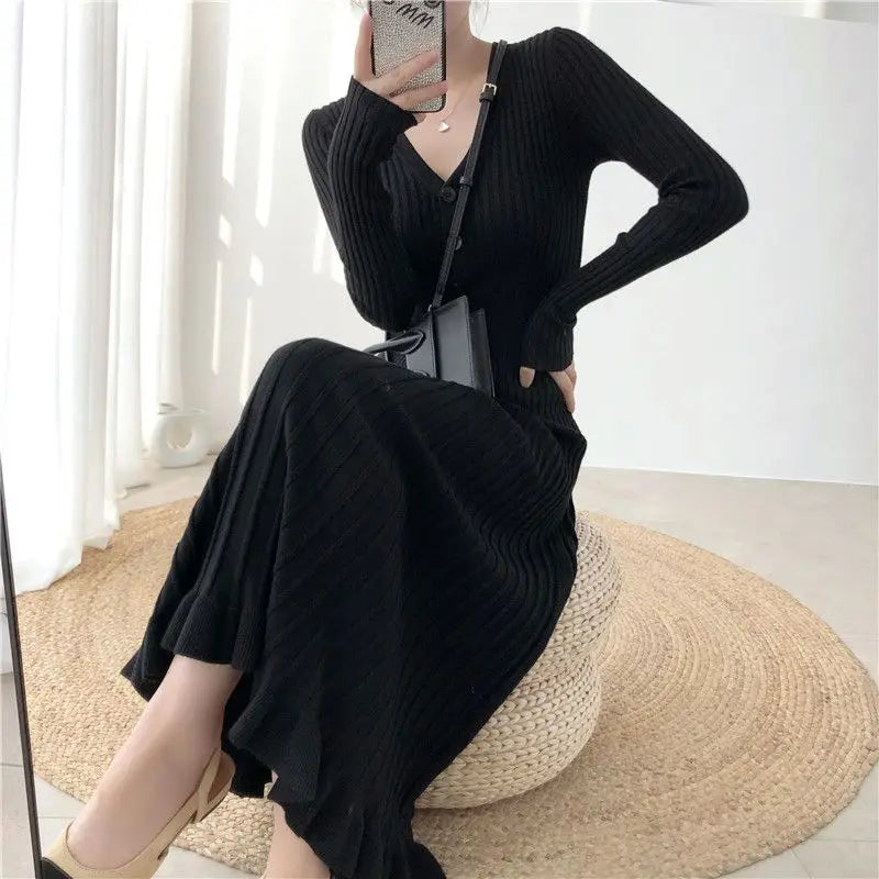 Elegant Knitted Long Dress Women Flare Sleelve V Neck Ruffles Single Breasted Bodycon Dresses Party Fashion Office Lady Vestidos