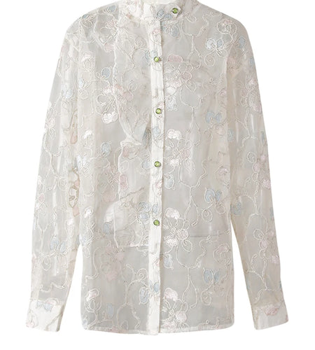 Women Apricot Embroidery Thin Big Size Blouse New Stand Collar Long Sleeve Shirt Fashion Tide Spring Summer 2025 CPG3123