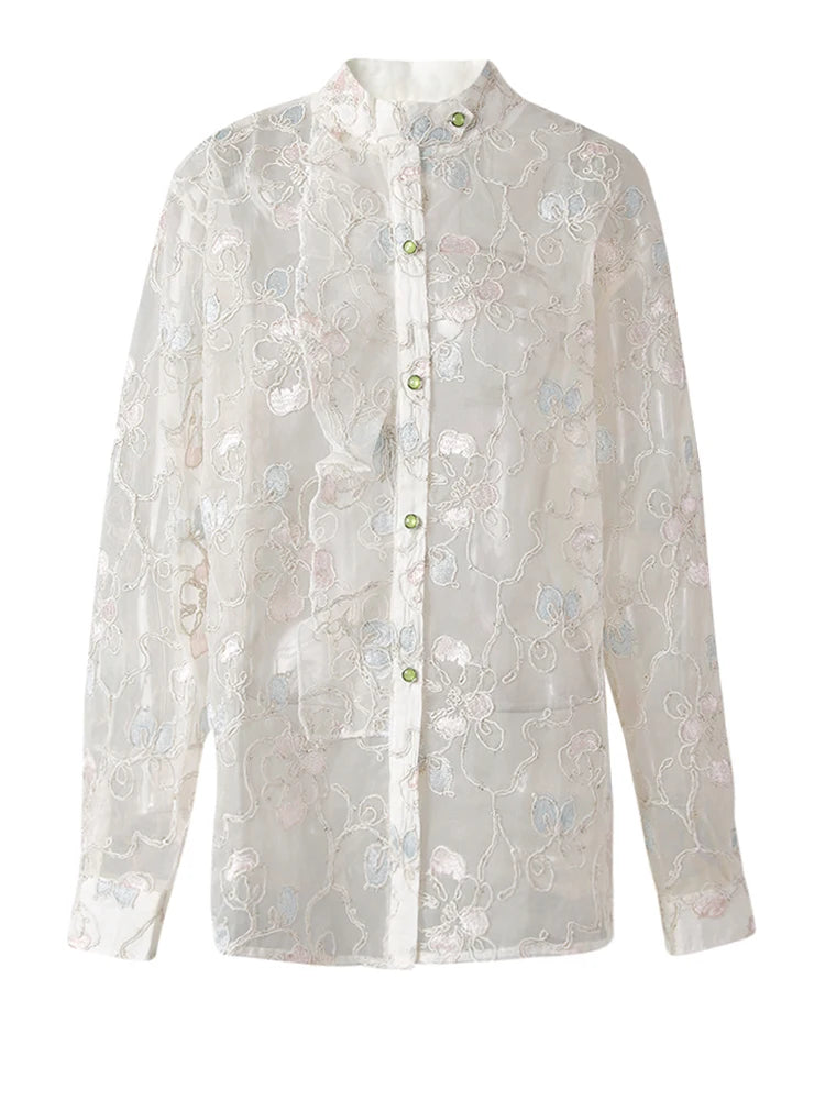 Women Apricot Embroidery Thin Big Size Blouse New Stand Collar Long Sleeve Shirt Fashion Tide Spring Summer 2025 CPG3123