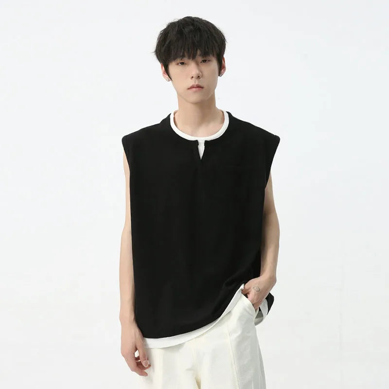 Men's Sleeveless T-shirt Summer Korean Style Version Contrast Color Patchwork Fake Two-piece Casual Male Top C5599