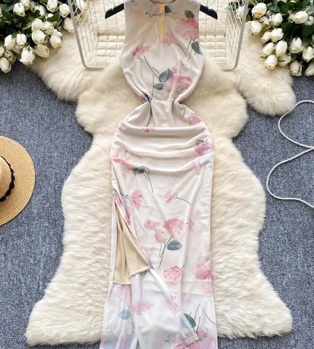 Summer New Chinese Style Print Mesh Dresses Women Sexy Club Hollow Out Stand Collar Sleeveless Slim Evening Party Dress Holiday