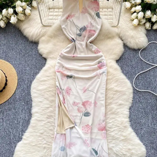 Load image into Gallery viewer, Summer New Chinese Style Print Mesh Dresses Women Sexy Club Hollow Out Stand Collar Sleeveless Slim Evening Party Dress Holiday
