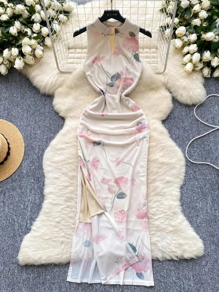 Summer New Chinese Style Print Mesh Dresses Women Sexy Club Hollow Out Stand Collar Sleeveless Slim Evening Party Dress Holiday