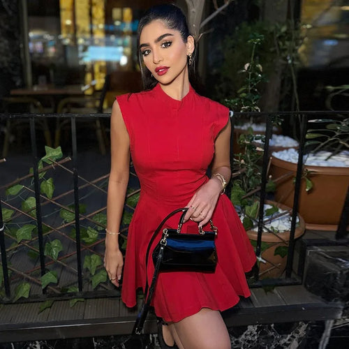 Load image into Gallery viewer, Half High Collar Sleeveless Sexy Mini Dress For Women Fashion Solid Red High Waist A-line Club Pleated Sexy Dress
