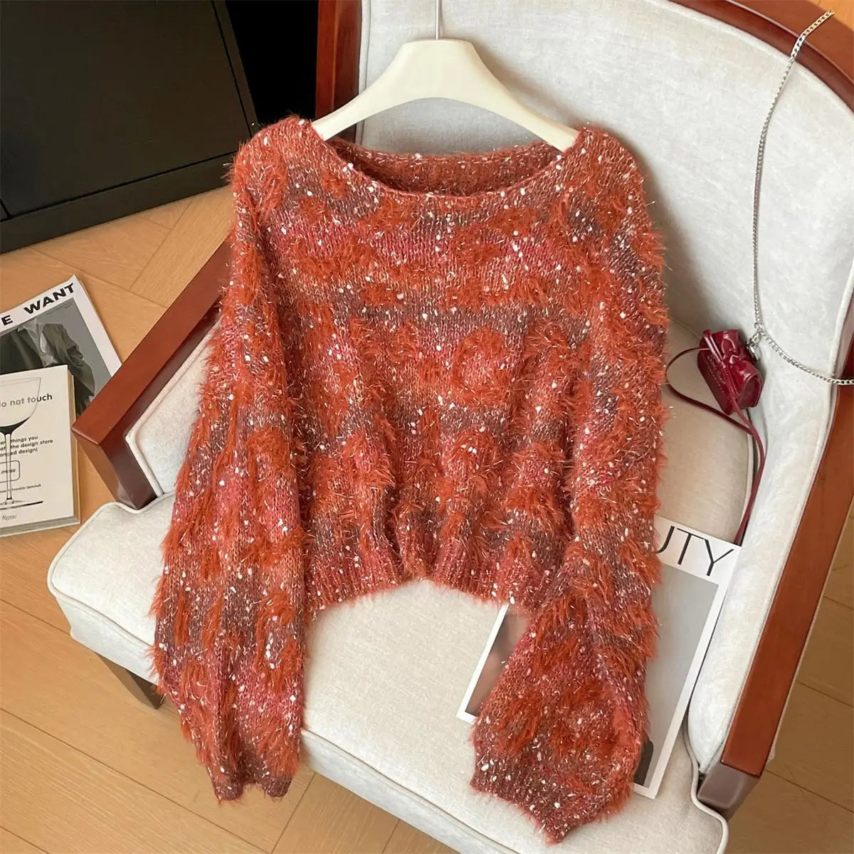 Autumn Winter 2025 Grey Patchwork Elegant Pullover Fashion Short Sweater Women Orange Long Sleeve Knitwear Warm Tops Streetwear