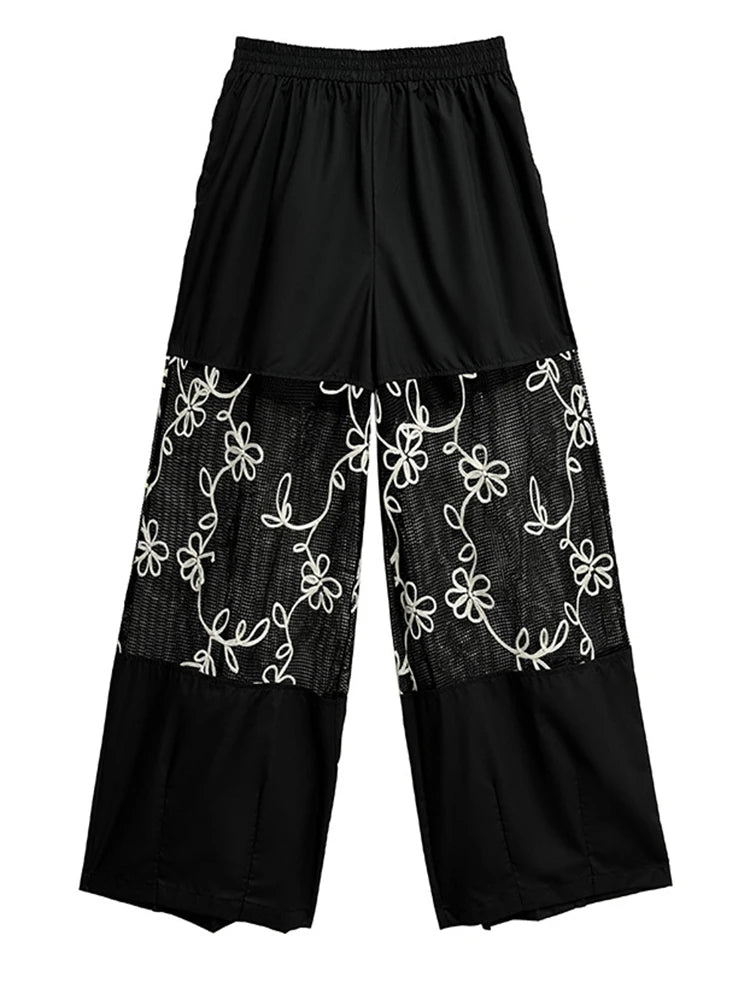 High Elastic Waist Black Grid Hollow Out Thin Wide Leg Pants New Trousers Women Fashion Tide Spring Autumn 2025 1DJ1246