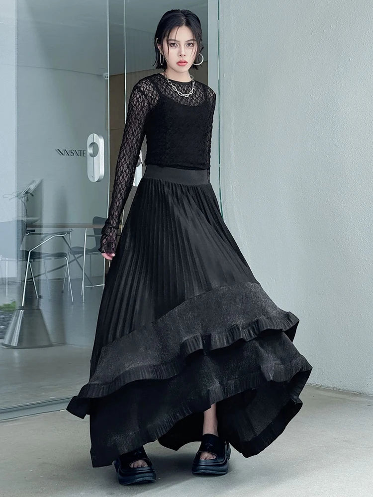 High Elastic Waist Black Irregular Pleated Elegant A-line Half-body Skirt Women Fashion New Spring Autumn 2025 1DJ0692