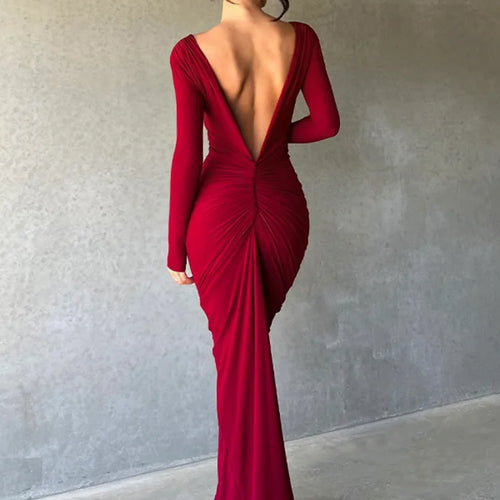 Load image into Gallery viewer, Deep V Neck Ruched Maxi Dress Women Gown Autumn New Long Sleeve Backless Bodycon Sexy Party Evening Dress Vestidos
