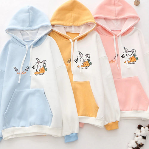 Load image into Gallery viewer, Cartoon Rabbit Embroidery Patchwork Women Hooded Sweatshirts 2023 Autumn Long Sleeve Pocket Kawaii Cute Hoodies Sweet Pullover
