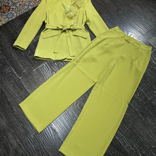 Load image into Gallery viewer, Temperament Two Piece Sets for Women V Neck Long Sleeves Spliced 3D Flower Blazer Wide Leg Pant Set Female Clothing
