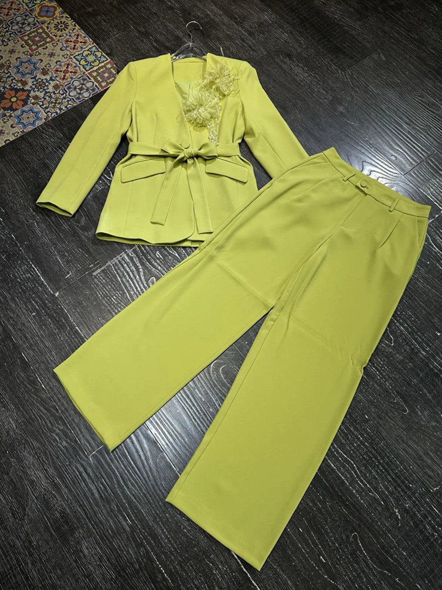 Temperament Two Piece Sets for Women V Neck Long Sleeves Spliced 3D Flower Blazer Wide Leg Pant Set Female Clothing