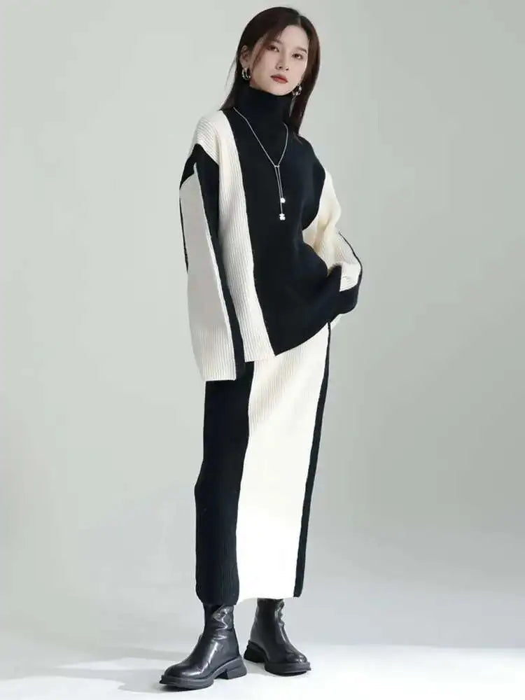 Half-body Skirt Knitting Sweater Big Size Two Pieces Suit New Turtleneck Women Fashion Tide Autumn Winter 2025 1DF2626