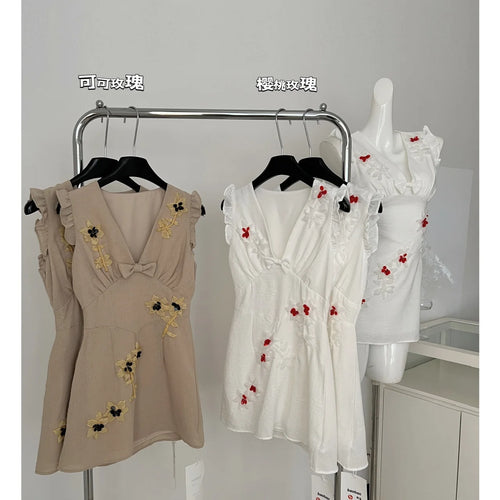 Load image into Gallery viewer, French Vintage Women's White Flower V Neck Elegant Holiday Short Vest Dress Summer Brown Sleeveless Ruffles Party Dress New Chic
