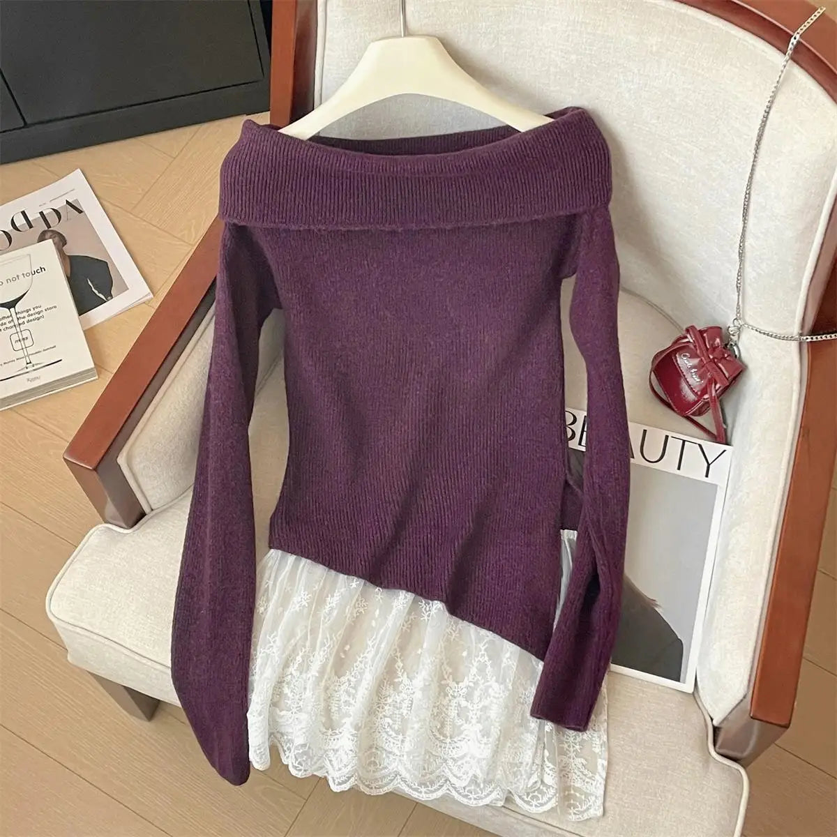French Autumn Winter Patchwork Lace Elegant Pullover Short Sweater Women's Vintage 2024 New Office Lady Long Sleeved Knitted Top
