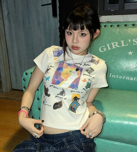 Japanese Y2k Cat Print T-shirt Trashy 2000s Style Crop Top Vintage Harajuku Short Sleeve Tee Shirt American Retro 90s