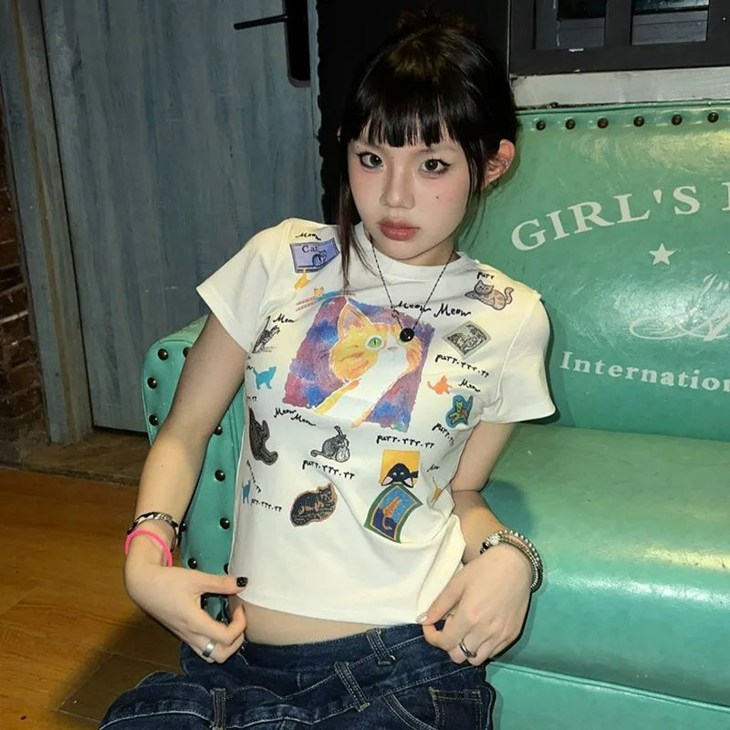 Japanese Y2k Cat Print T-shirt Trashy 2000s Style Crop Top Vintage Harajuku Short Sleeve Tee Shirt American Retro 90s