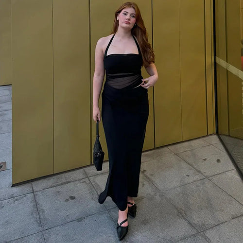 Load image into Gallery viewer, Mesh Patchwork Backless Sexy Maxi Dress For Women Gown Fashion Halter Sleeveless Strapless Bodycon Club Long Dress
