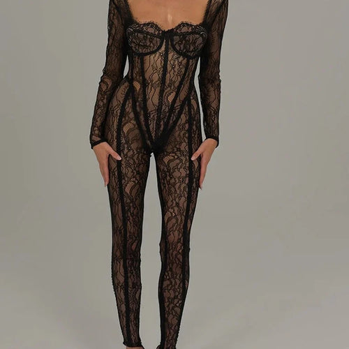 Load image into Gallery viewer, Women's Lace Long Sleeve Fishbone Jumpsuit, Square Neck Print, Perspective Corset, Tight Jumpsuit, Female Nightclub Part
