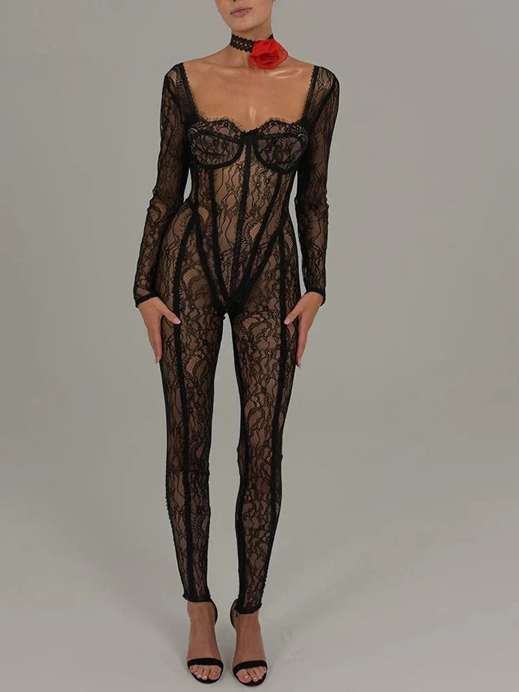 Women's Lace Long Sleeve Fishbone Jumpsuit, Square Neck Print, Perspective Corset, Tight Jumpsuit, Female Nightclub Part