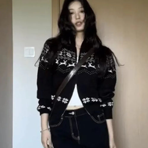 Load image into Gallery viewer, Streetwear Women Double Zipper Vintage Print Knitwear Slim Harajuku Casual Grunge Sweater Female Y2k Aesthetic Knitted Cardigans
