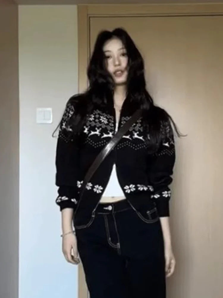 Streetwear Women Double Zipper Vintage Print Knitwear Slim Harajuku Casual Grunge Sweater Female Y2k Aesthetic Knitted Cardigans