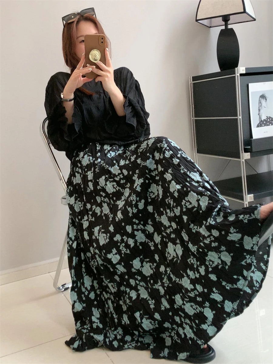 Spring Summer French Fashion Retro Rose Red Floral Elegant Slim Long Skirt Women Black High Waisted Vacation Half Skirt Bohemian