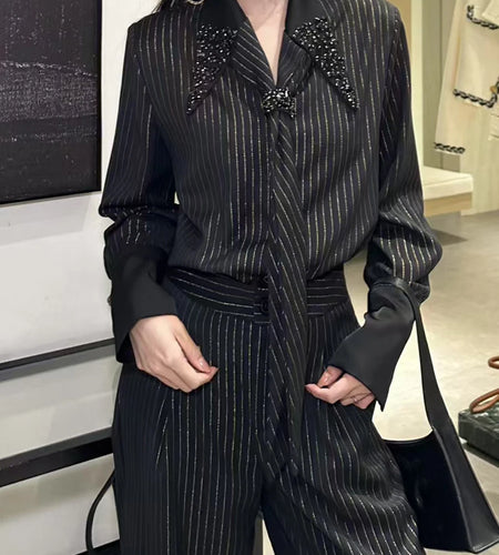 Spliced Striped Two Piece Sets for Women Lapel Long Sleeves Top High Waist Wide Leg Pant Fashion Set Female Clothes