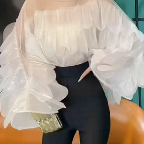 Load image into Gallery viewer, Solid Sheer Spliced Ruffles Folds Fashion Blouses for Women Round Neck Long Sleeves Elegant Blouse Female Clothing
