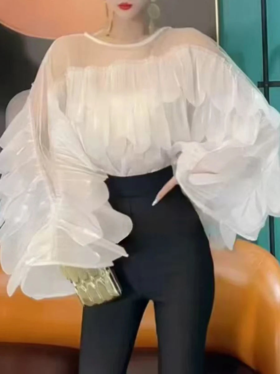 Solid Sheer Spliced Ruffles Folds Fashion Blouses for Women Round Neck Long Sleeves Elegant Blouse Female Clothing