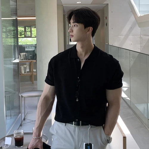 Load image into Gallery viewer, Men's T-shirts Solid Color Turn-down Collar Short Sleeved Single Breasted New Korean Summer Casual Male T-shirt 9W1361
