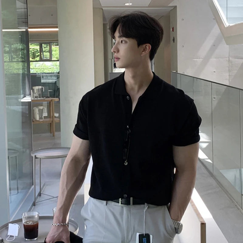 Men's T-shirts Solid Color Turn-down Collar Short Sleeved Single Breasted New Korean Summer Casual Male T-shirt 9W1361