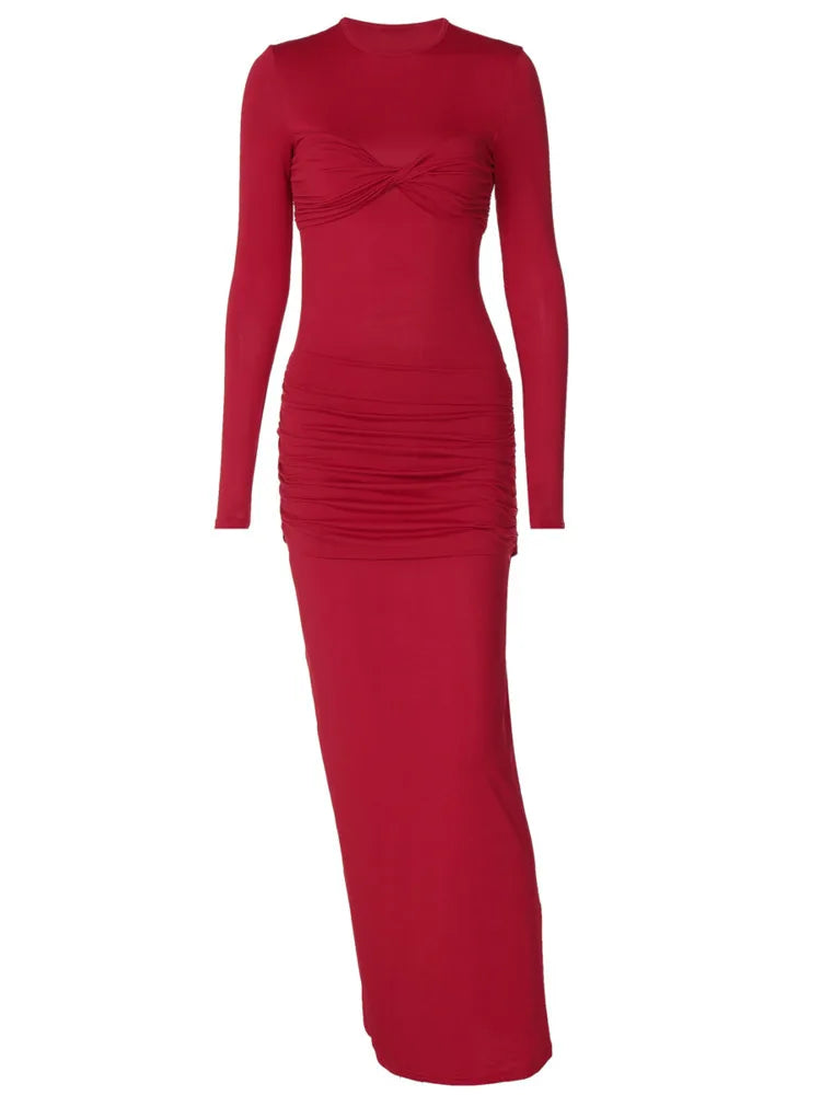 Elegant Elastic Tight Pleated Dress For Women Sexy Slim Long Sleeved Vestidos Autumn Winter New 2024 Party Evening Dress